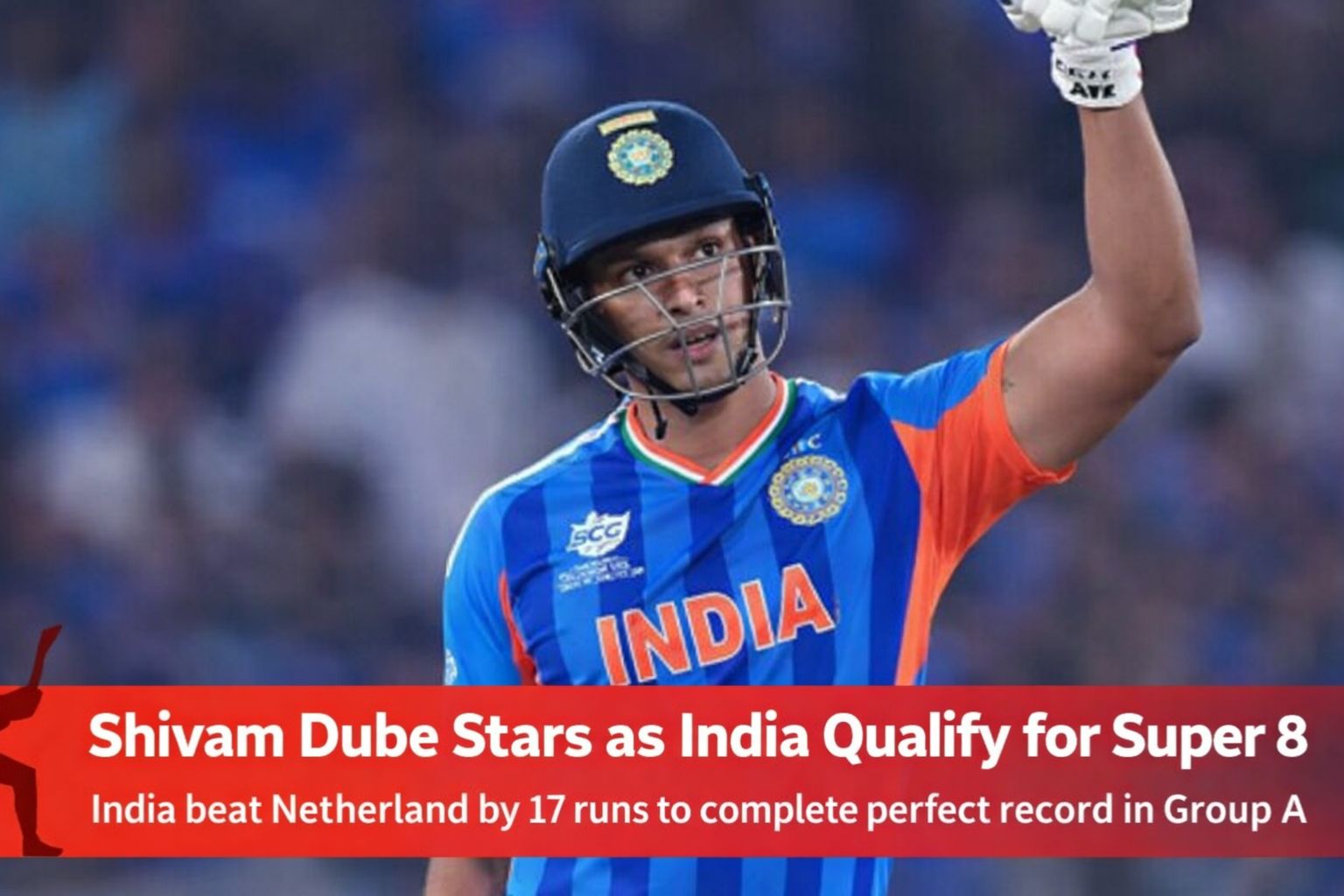 Shivam Dube celebrates as India qualify for Super 8